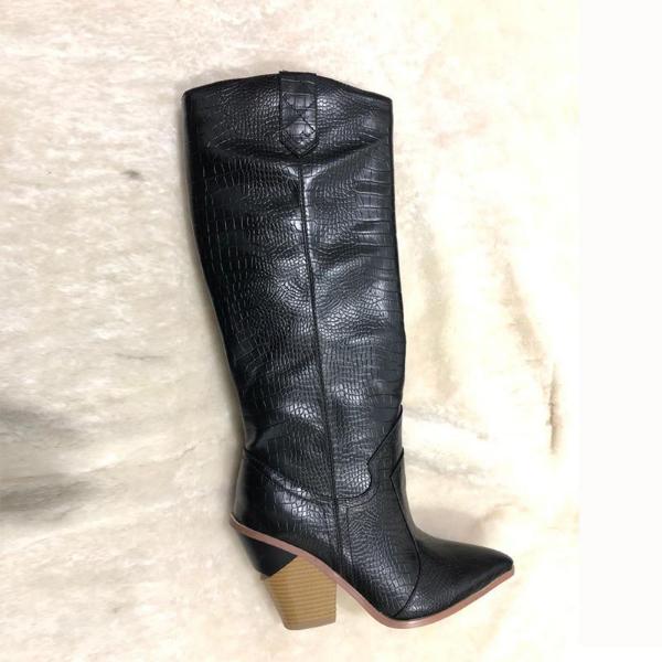 Leather women knee high boots pointed toe western cowboy boots women mid-calf chunky wedge boots