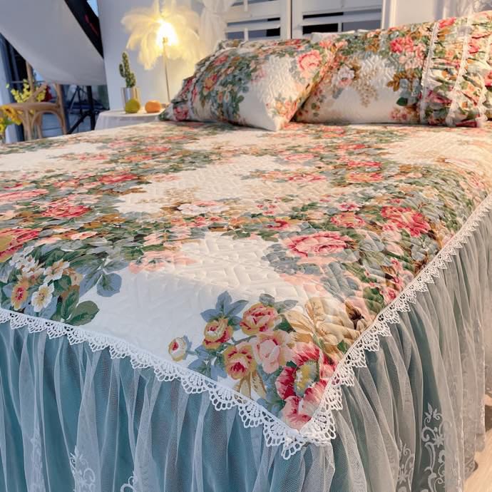 Luxury American Floral Bedding 100% Cotton Quilted Lace Ruffles Bed Skirt Mattress Cover Bedspread Pillowcases Nordic Size 1/3Pc