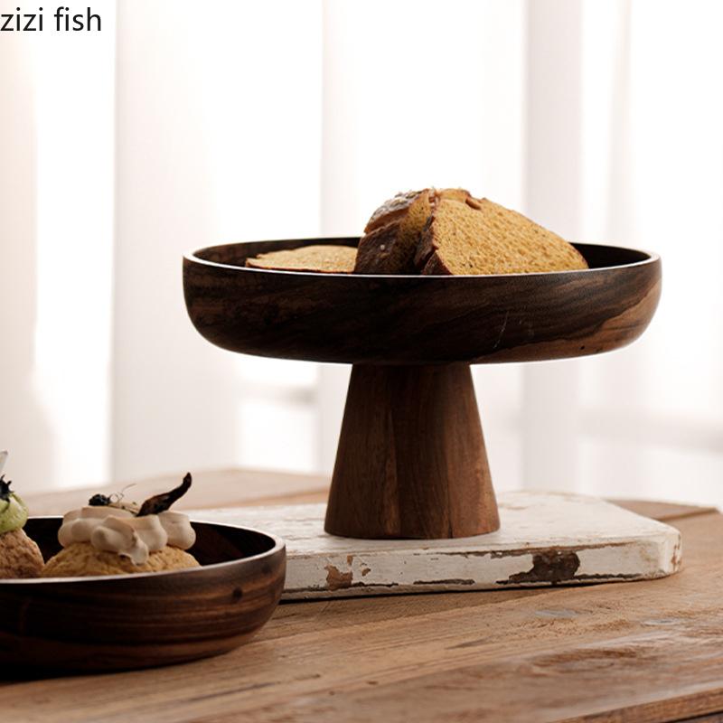 Holz Obstteller Salatteller Snack Nussplatte Hoher Fuß Dessert-Display-Ständer Kuchenteller Haushalt Akazienholz Geschirr