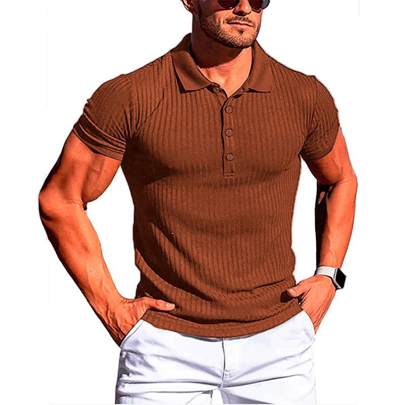 Men's Running Sports Gym Wear Summer High Stretch Vertical Strip Short Sleeve POLO Shirt Slim Fit Knit Base Layer