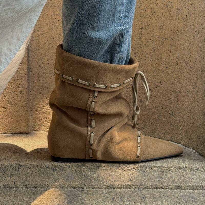 Fashion Wrinkle Style Women's Ankle Boots Pointed Toe Flat Cross-tied Femme Short Boots Winter New Retro Niche Lady Western Cowboy Boots