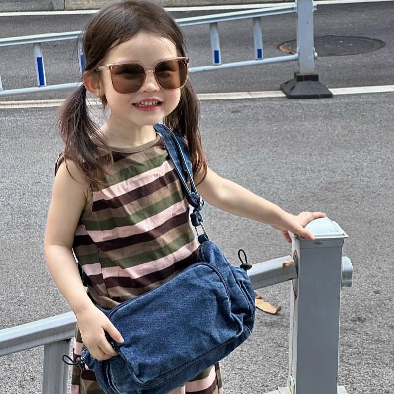Stylish Korean Minimalist Denim Shoulder Bag For Kids In Blue Black And Dark Blue Colors