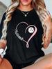 Casual Running Fitness Round Neck TShirt Featuring Heart and Pickleball Graphic Made From Breathable Moisture Wicking Fabric