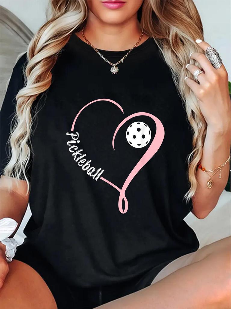 Casual Running Fitness Round Neck TShirt Featuring Heart and Pickleball Graphic Made From Breathable Moisture Wicking Fabric