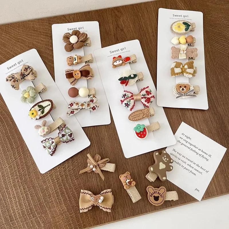 5pcs Sweet Kids Hair Clip Beige Coffee Color Plush Hairpin for BabyToddler Autumn Winter Kawaii Bowknot Headwear for Girls