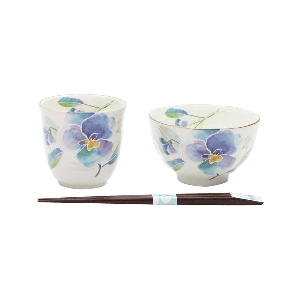 Ceramic Ai Flower Language Rice Bowl and Pansy Design with Tenpo 40487 Teacup, Chopsticks,