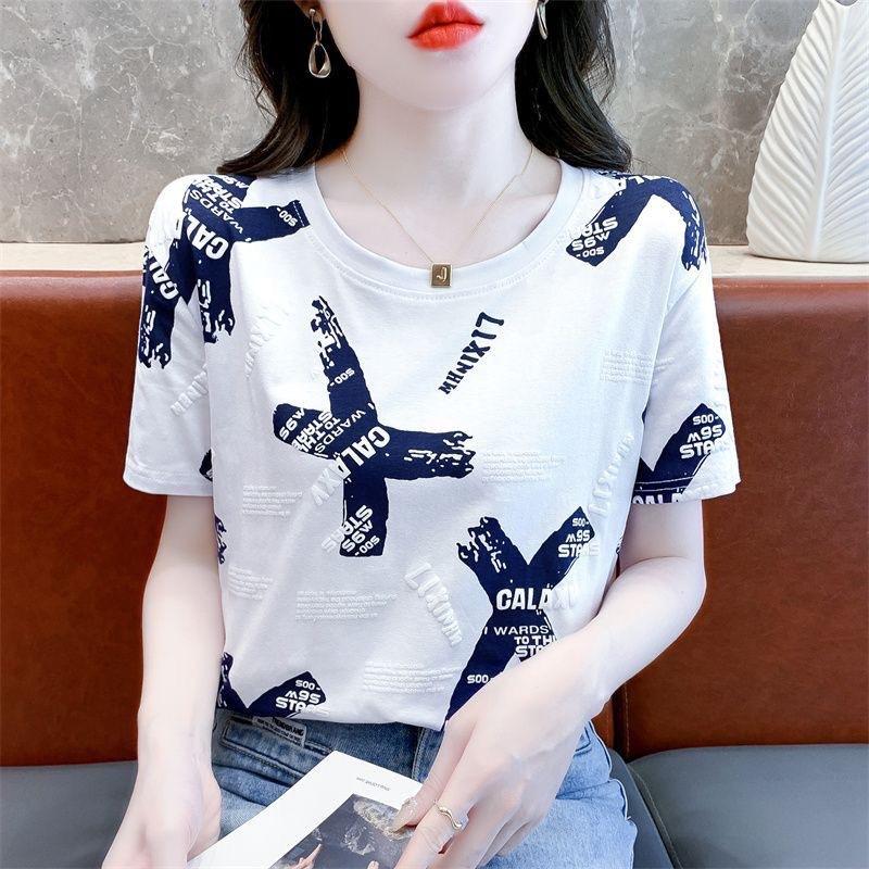 Women Summer Short Sleeve O Neck Gradient Color Letter Printed Fashion Cotton T Shirt Top