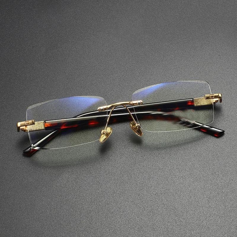 FG Men Blue Light Blocking Reading Glasses Dimond Cutting Rimless Eyeglasses Frame Anti Fatigue Hyperopia Presbyopic Eyewear