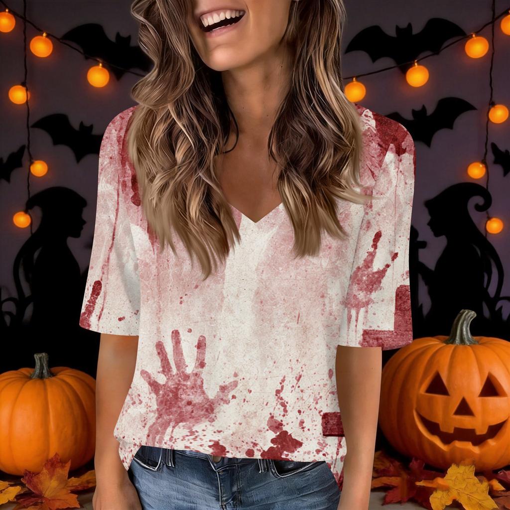 Women's Casual V-Neck Short Sleeve Blouse with Halloween Print