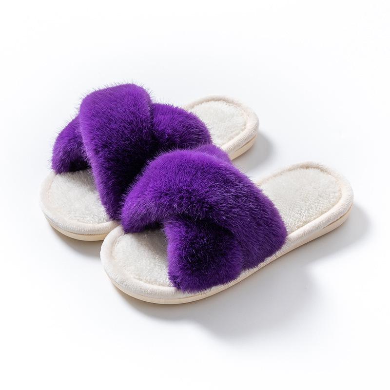 Детские и женские зимние меховые хлопковые шлепанцы на перекрестных ремешках теплые нескользящие для дома 28-29 Foot Length 18cm 1070₽