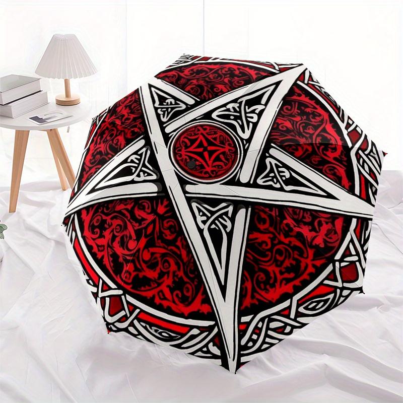 Red & White Pentagram Symbol Umbrella - 8-Rib Automatic Open Compact 3-Fold Design, Gothic Occult Style with Celtic Knot Patte