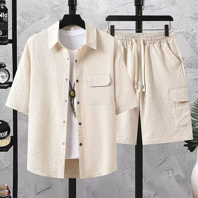 2026 Men's Casual Hong Kong Style Short Sleeve Shirt & Shorts Two-Piece Set