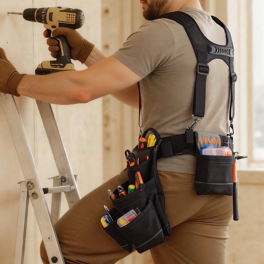 Tool Belt, 19 Pockets Tool Pouch with Suspenders for Men, Heavy Duty Adjustable Utility Belt Work Bag Detachable Suspension Rig for Electrician,