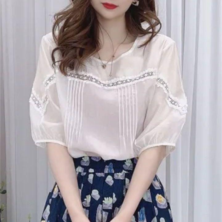2024 Retro Lace Splicing Casual Short Sleeve Women's French Top