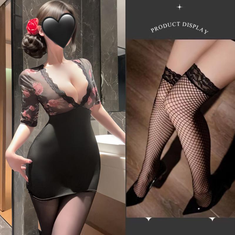 Sexy Underwear Sexy Deep V Hip Skirt Pure Desire Secretary Uniform Abstinence Women's Perspective Lace Onesie Open Crotch