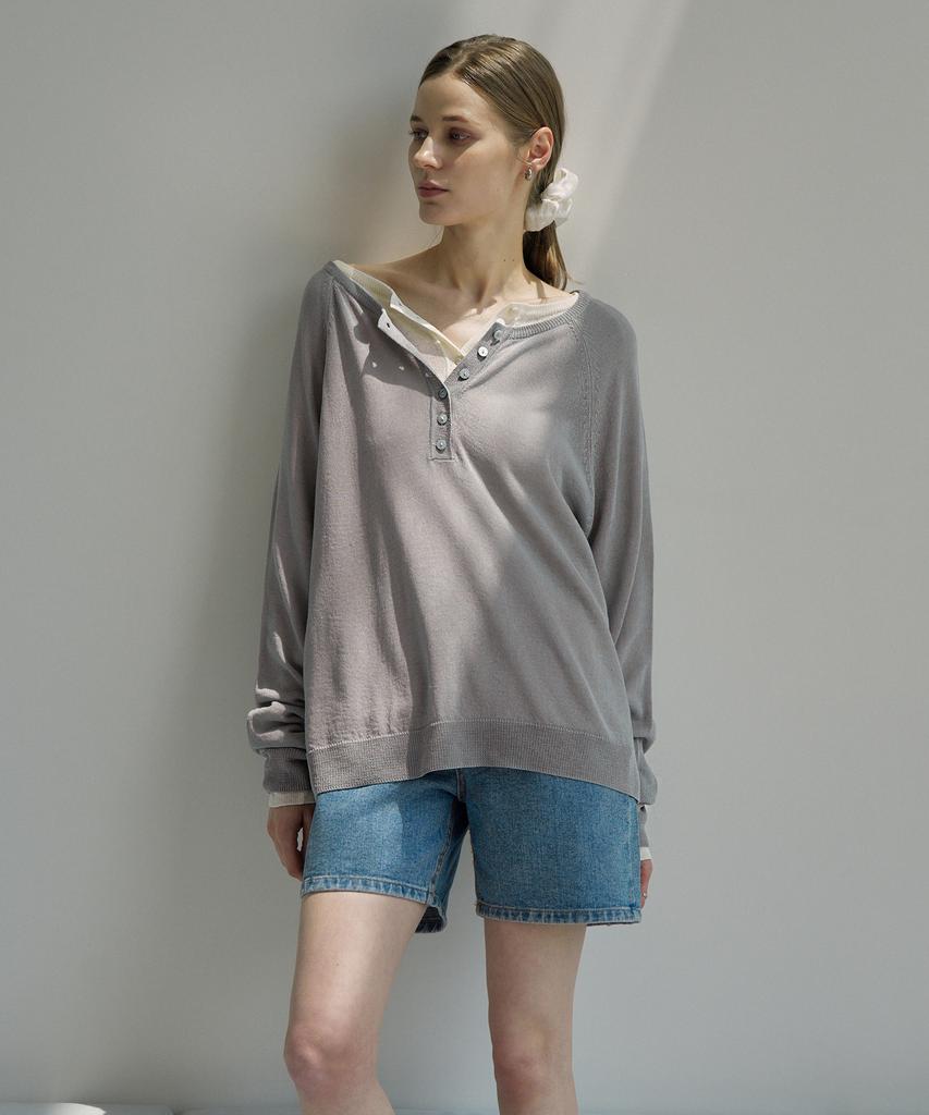 VLETI Linen Blend Raglan Half Button Knit (Gray)