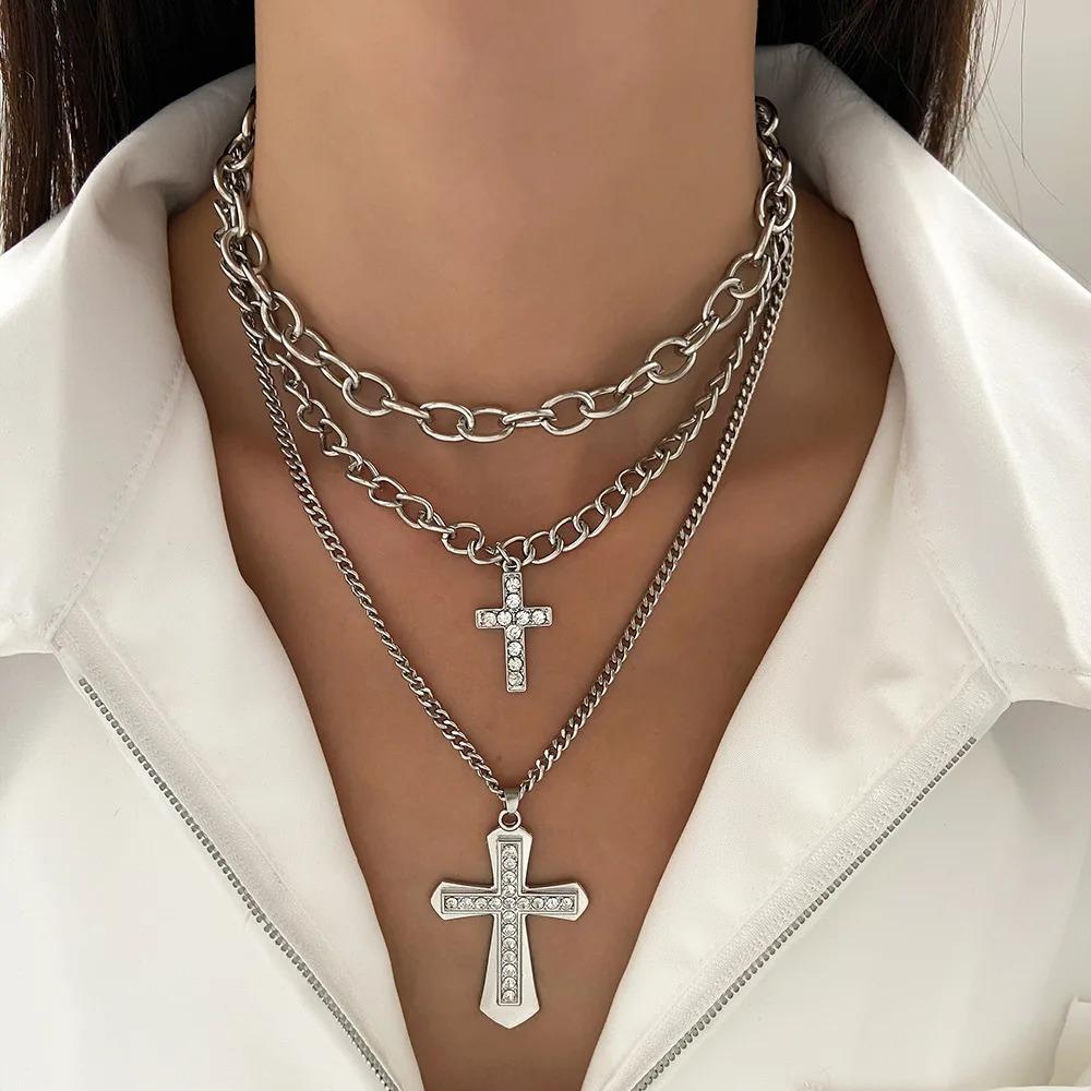Personality Design Pearl Cross Pendant Necklace for Women Goth Style Crystal Stainless Steel Chain Chokers Punk Party Jewelry