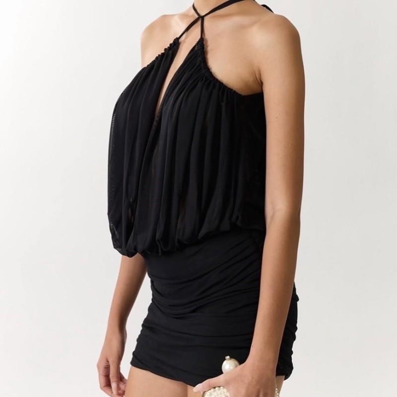 Women's Sexy Cross Halter Neck Mesh Mini Dress Spring Deep V Ruched Bodycon Party Evening Cocktail Dress
