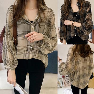 Fashion Women's Loose Button Plaid Lapel Long Sleeves T-shirt Blouse Tops