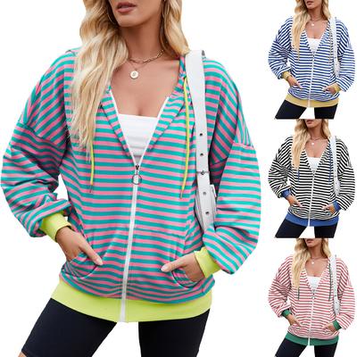 2024 Herbst/Winter Gestreiftes Kapuzensweatshirt mit Kontrasten, locker geschnitten mit Tasche, langärmlig für Damen
