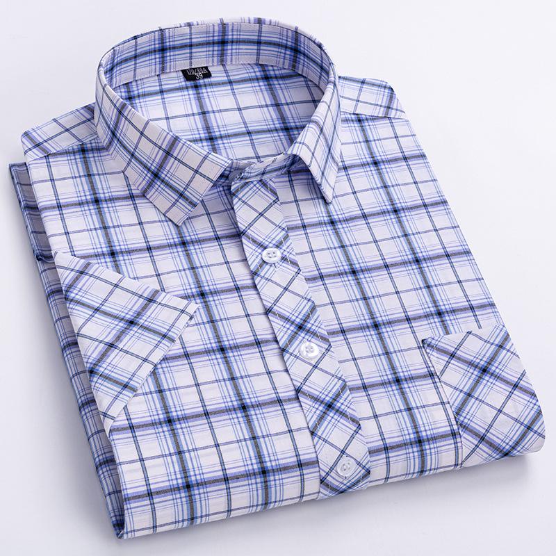 Men's Summer Plaid Cotton Short Sleeve Shirt - Breathable & Sweat-Absorbing