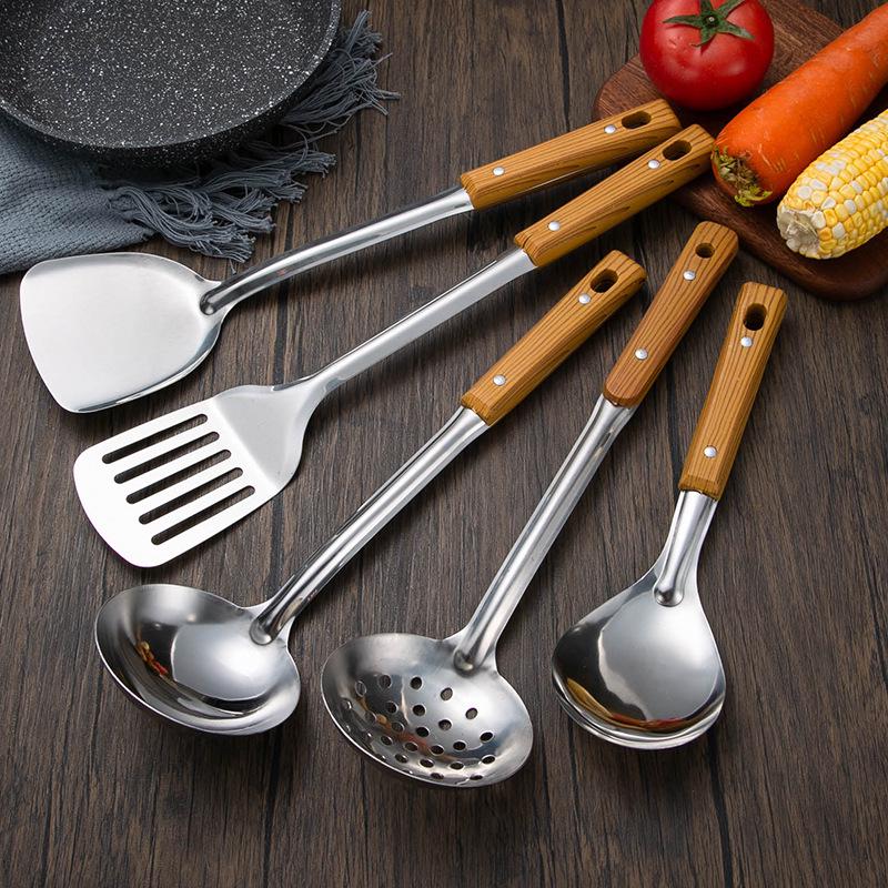 Stainless Steel Cookware Set: Anti-Scald Handle Wok Spatula, Soup Ladle, Slotted Spoon, Imitation Wood Grain, Thickened Stir-fry and Frying Tools.