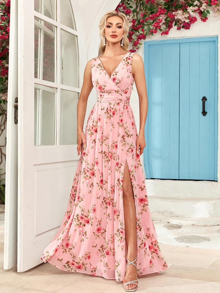 European & American Women’s Chiffon A-Line Evening Dress with Double V-Neck, Sleeveless Design, Slit, and Elastic Waist.