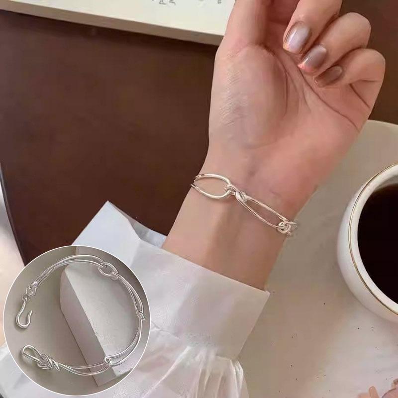 Korean Style S925 Silver Plated Retro Graffiti Patchwork Bangle - Women's Hip Hop Fashion Trend Bracelet