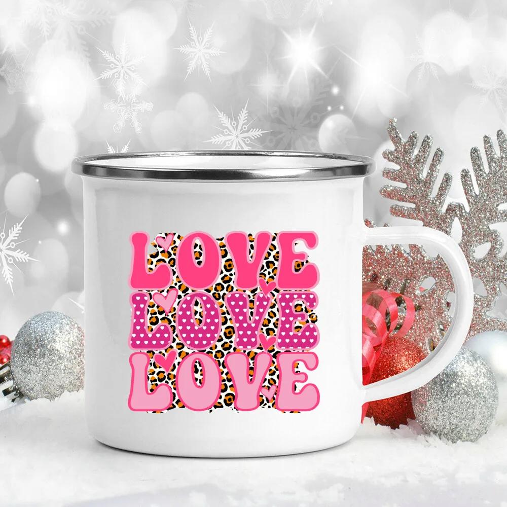 Love Heart Printed Camping Mug Valentine Party Juice Milk Cup Coffee Cups Enamel Mugs Valentine's Day Gifts for Family Friends