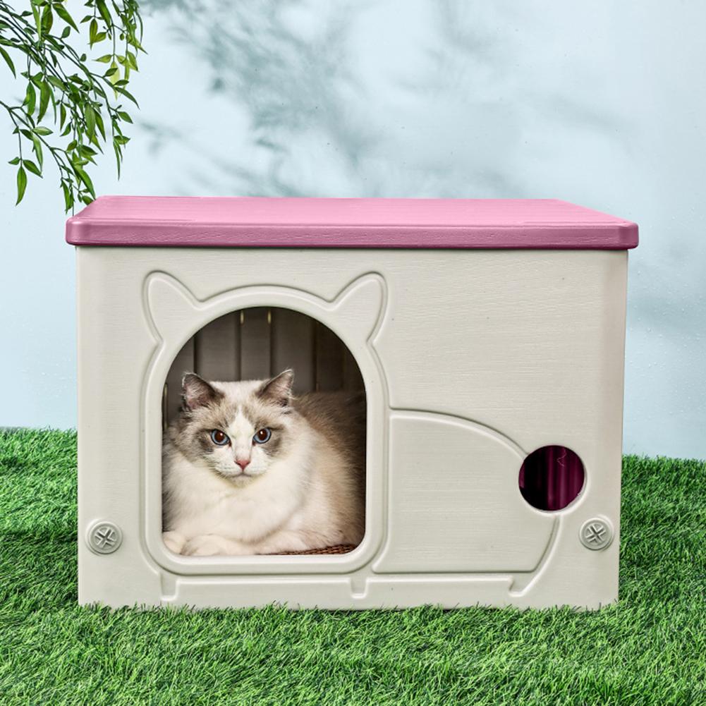 Cozy Rainproof Cat House Outdoor Nest Plastic Weather-Resistant Shelter with PVC Curtains Escape Door for Small Pets Kitten Four
