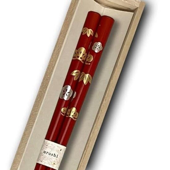 Hashimoto Kosaku Lacquerware Store Matsutake Ume Red Noto Hiba Urushi Chopsticks Lucky Item 1 Set Paulownia Box Wajima Made Japan 23cm Lightweight
