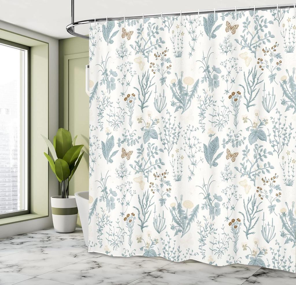 Tenda da Doccia Floreale, Piante da Giardino Vintage Erbe Fiori Botanico Design Classico Illustrazione, Tessuto Stoffa Bagno