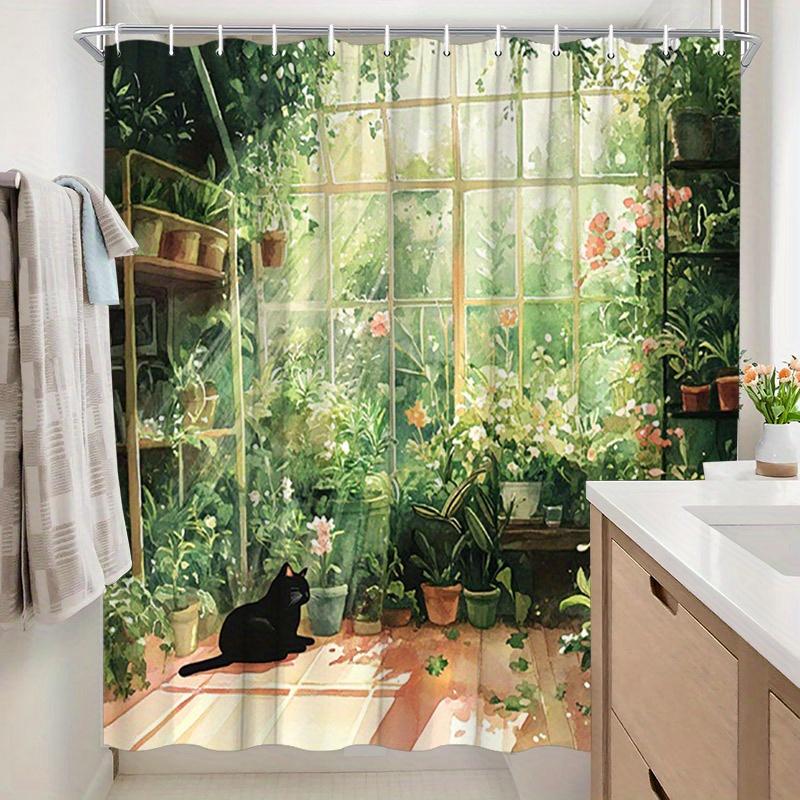 Polyester Shower Curtain - Black Cat & Greenery, Sunlit Greenhouse Scene, 12 Hooks, Machine Washable, Stylish Bathroom Decor