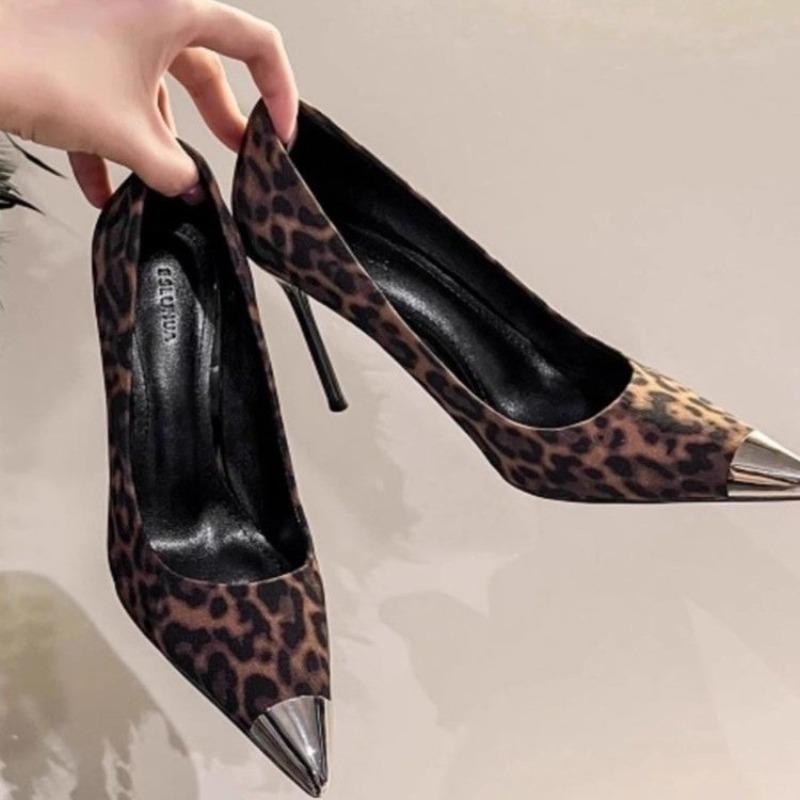 Fashion Women's Fashion Slim Heel Shoes Spring New Metal Pointed Suede Leopard Slip-on Non-slip High Heels