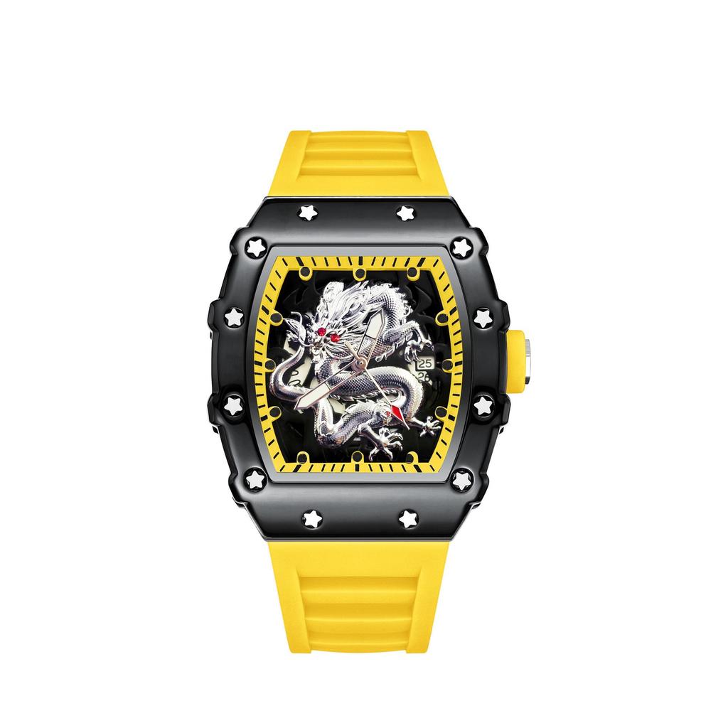 2024 Herren Tonneau Silber Drache Quarz Uhr: Lässig, Sportlich, Leuchtend, Wasserdicht, Vollautomatisch.