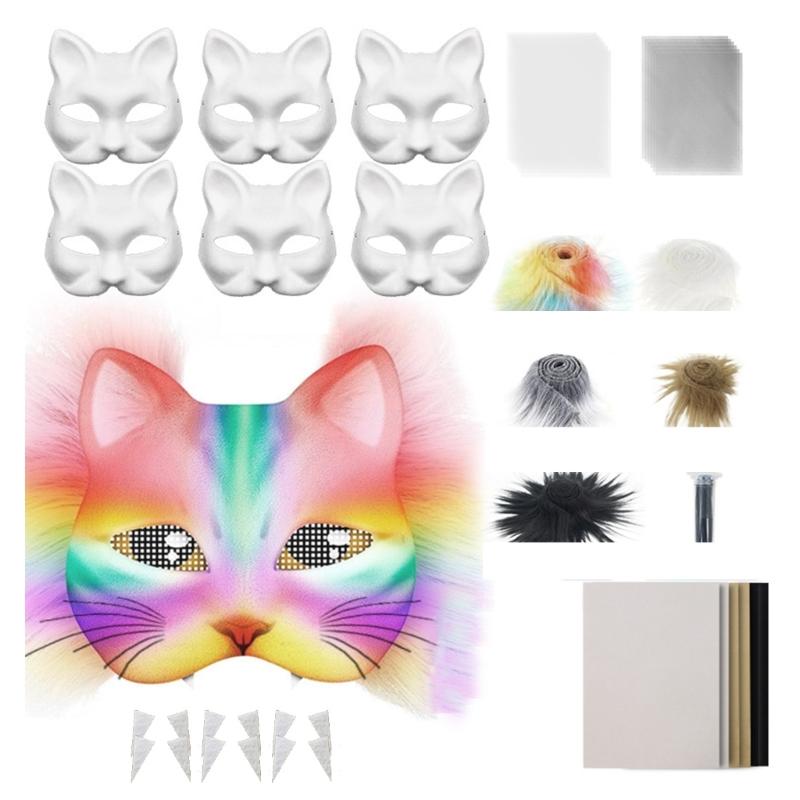 29/42Pcs Unpainted Cats Face Mask Paper Mask with Furry Trim Felted Cloth Eye Mesh Unpainted Masquerades Mask for Craft