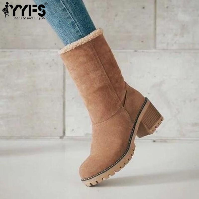 Winter Large Size Mid-calf Boots for Women Thick Heel Lamb Wool Large Cotton Snow Boots Two-way Warm Versatile Women's Shoes