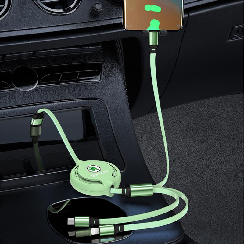1Pcs Car Mounted Telescopic Three In One Mobile Phone Charger For Skoda Octavia Superb Rapid Kodiaq Karoq Fabia Kamiq Roomster Citigo