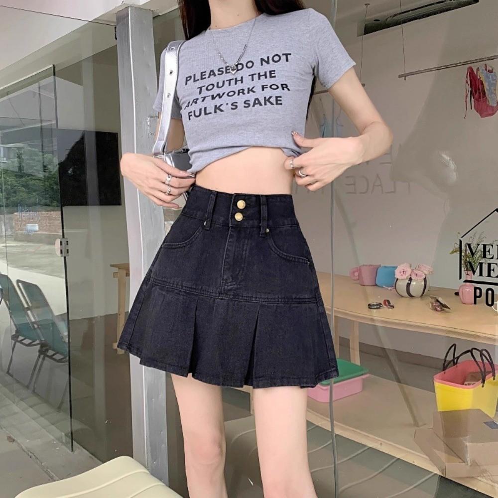 

Qooth A Line Denim Skirt Sweet Pleated Mini Skirt High Waist Slim Bud Skirt Elegant Fashion QT2617 5XL чёрный