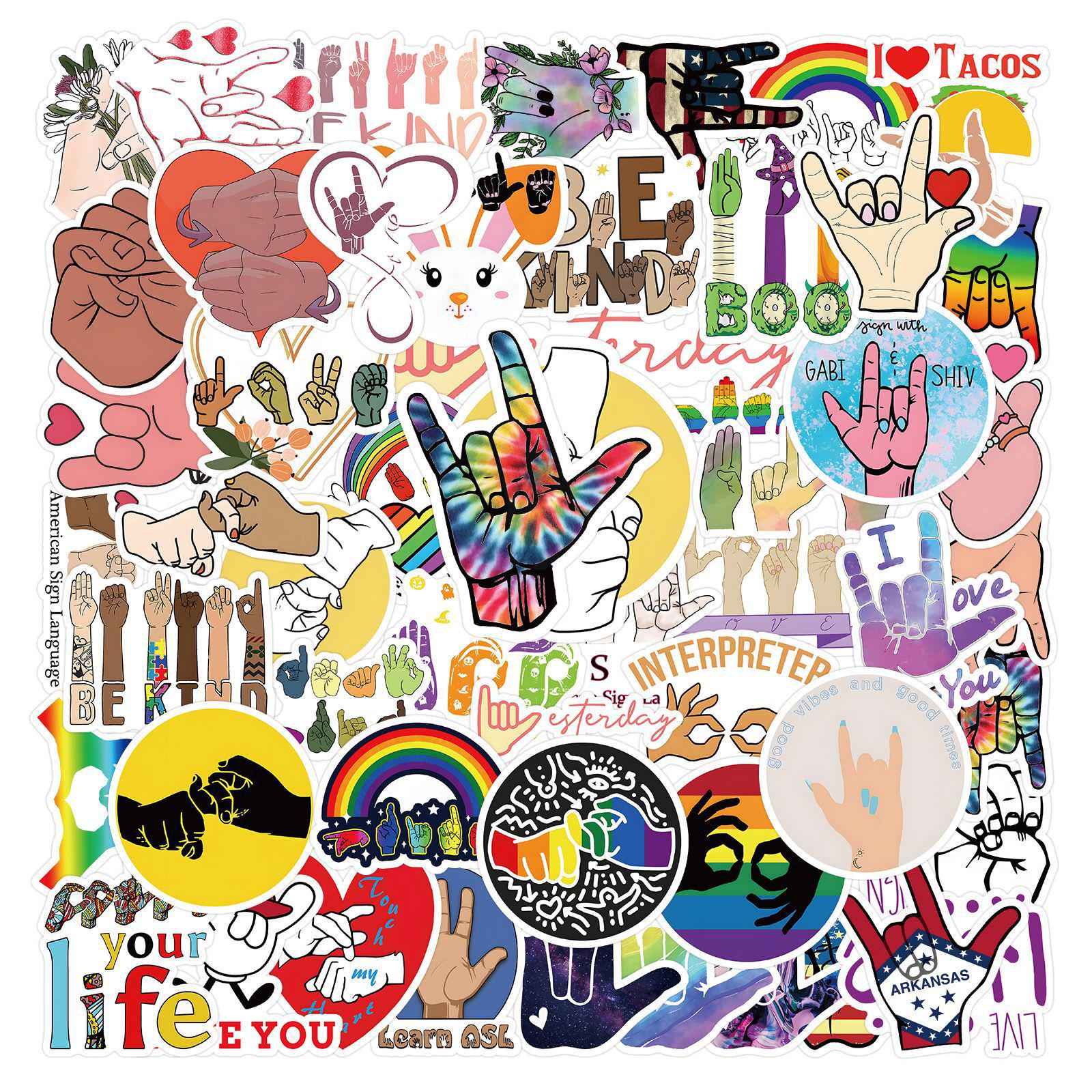 50 American Sign Language (ASL) Graffiti Stickers - Waterproof Decals for Luggage & Laptops, 50 Sheets