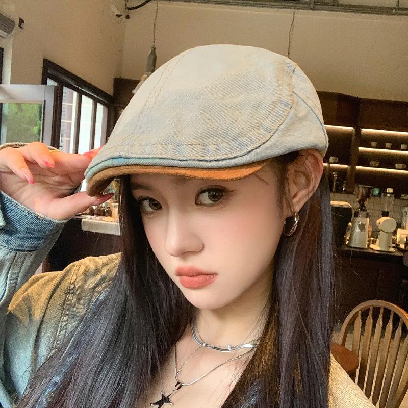 Retro and old anti-wearing denim forward hat female face peaked cap newsboy hat spring and autumn versatile painter hat