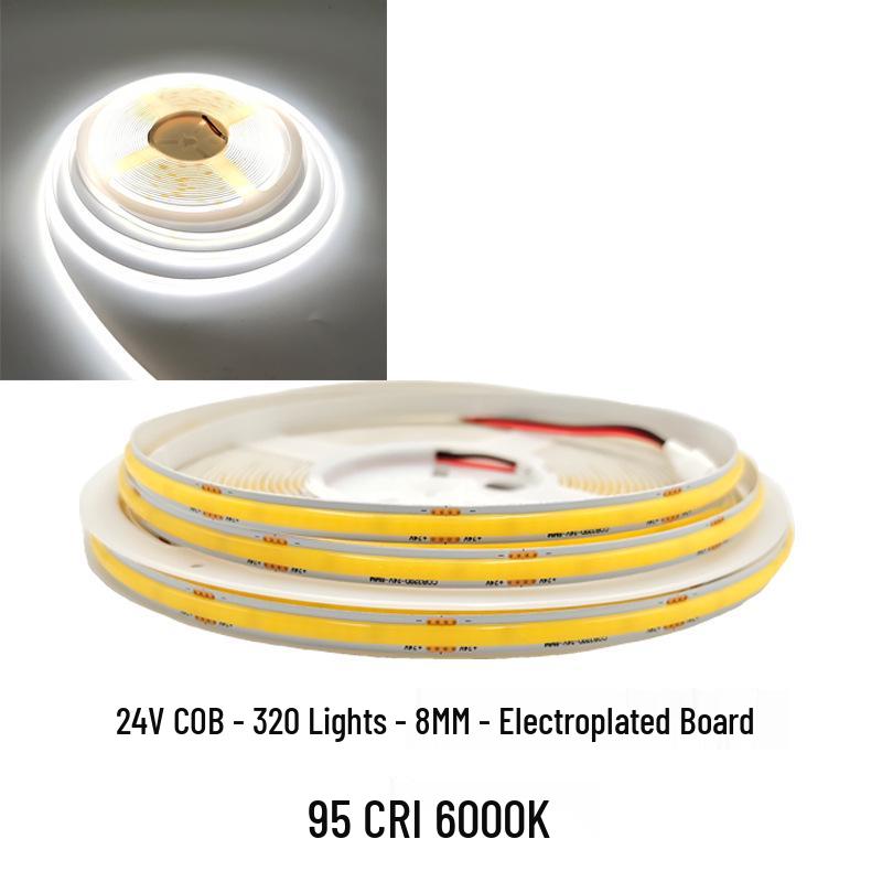COB LED Strip Light 12V/24V, 320/480 LEDs, 8MM, 90 CRI, Self-Adhesive, Aluminum Channel.