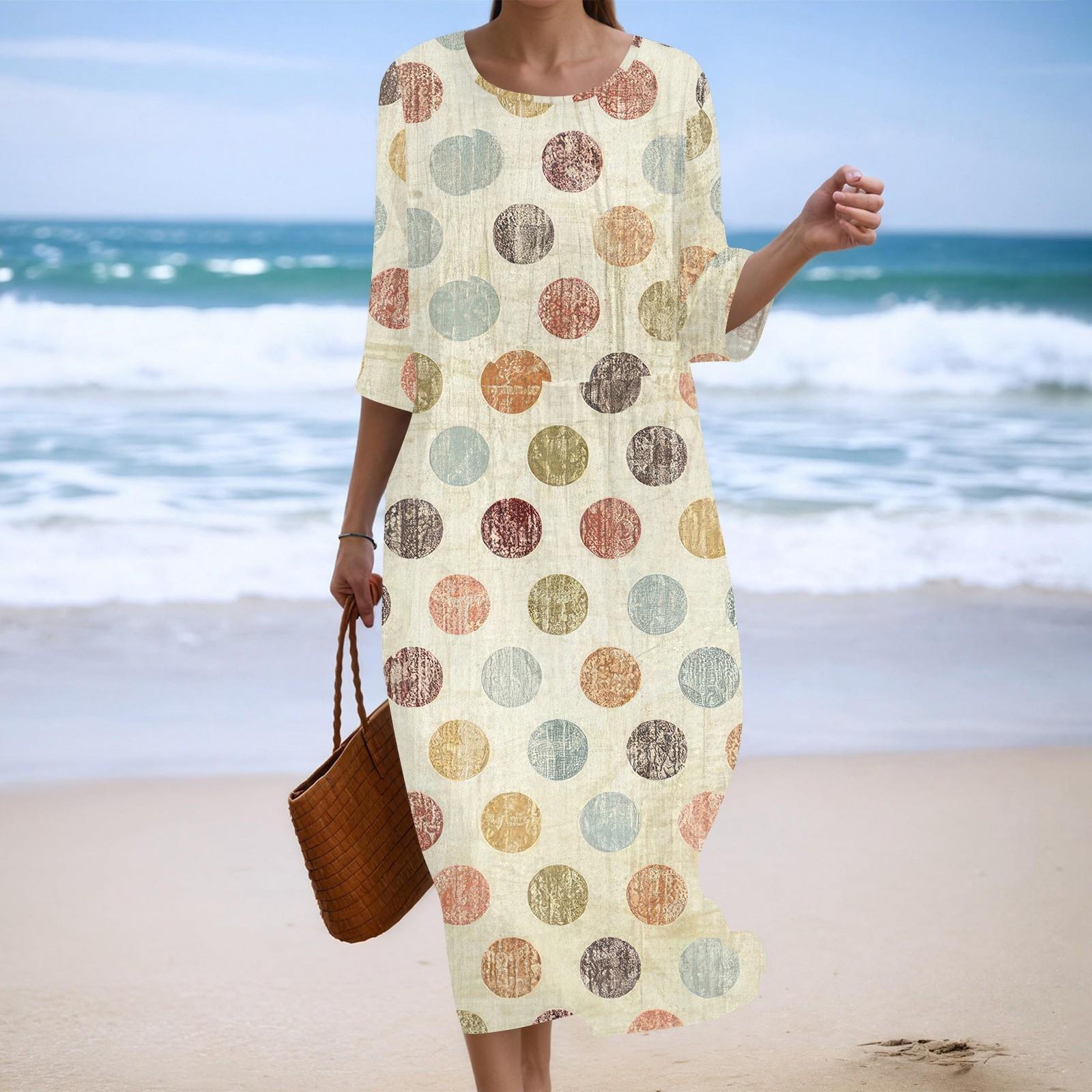 

Женское модное платье свободного кроя с принтом, круглым вырезом и рукавом три четверти S хаки