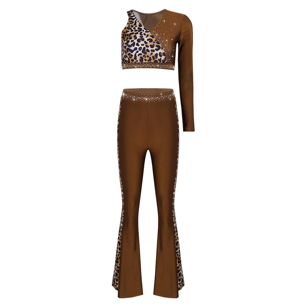 Leopard Print Rhinestone One Shoulder Crop Top and Flared Pants Set for Women Latin Jazz Dance Competition Stage Show