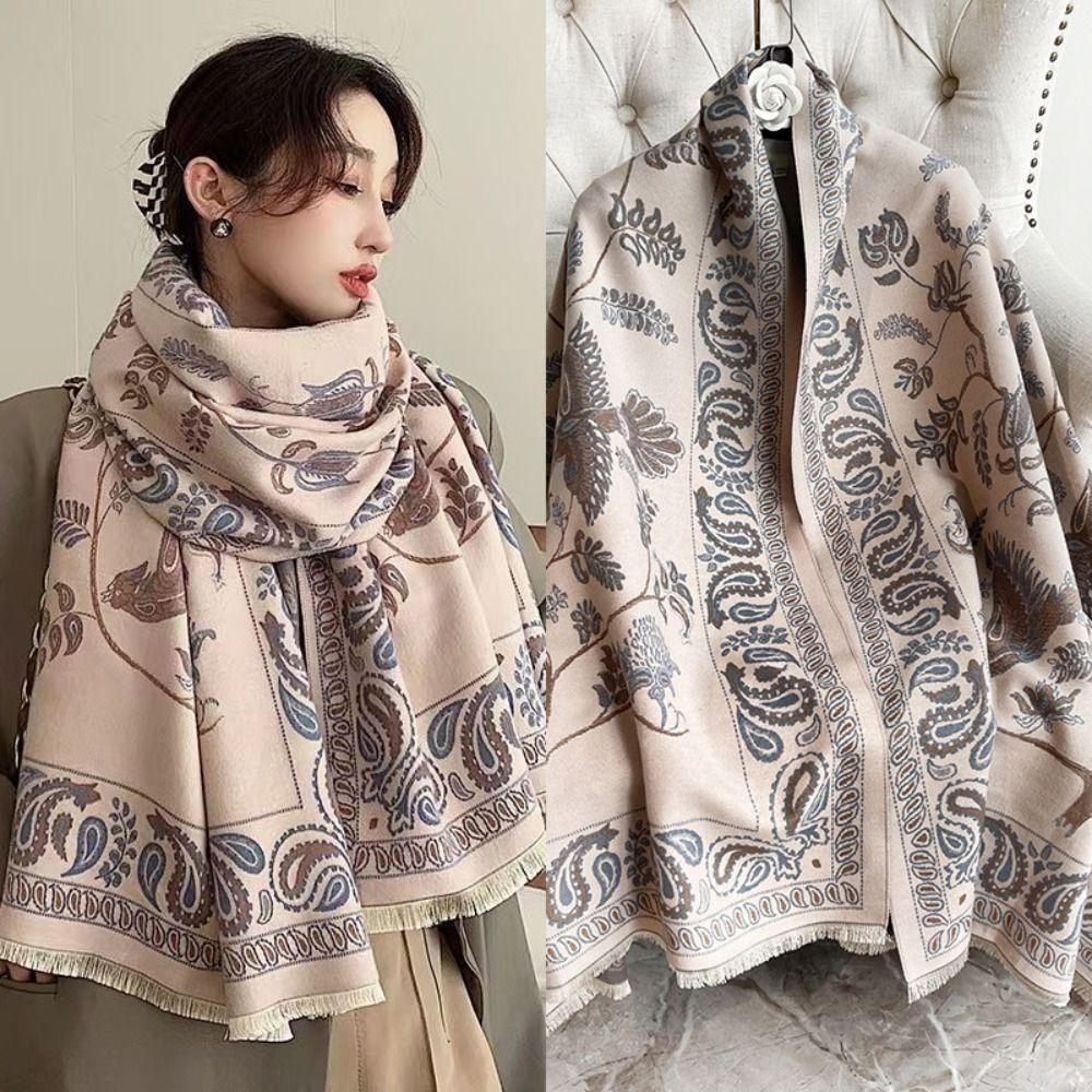 

Bird Cashmere Tassel Scarves Imitation Cashmere Large Shawl Elegant Printed Scarf Student хакі