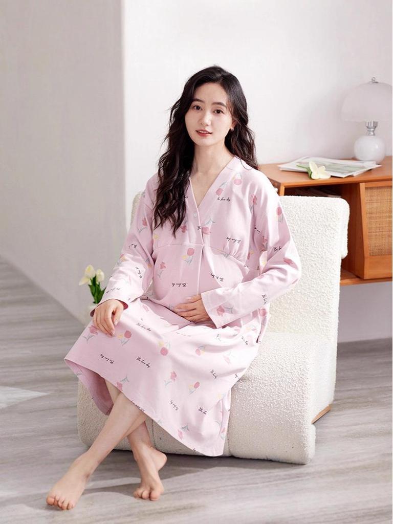 Bavlnová těhotenská noční košile s prsními vložkami pro předporodní a poporodní kojení, jarní/podzimní nošení