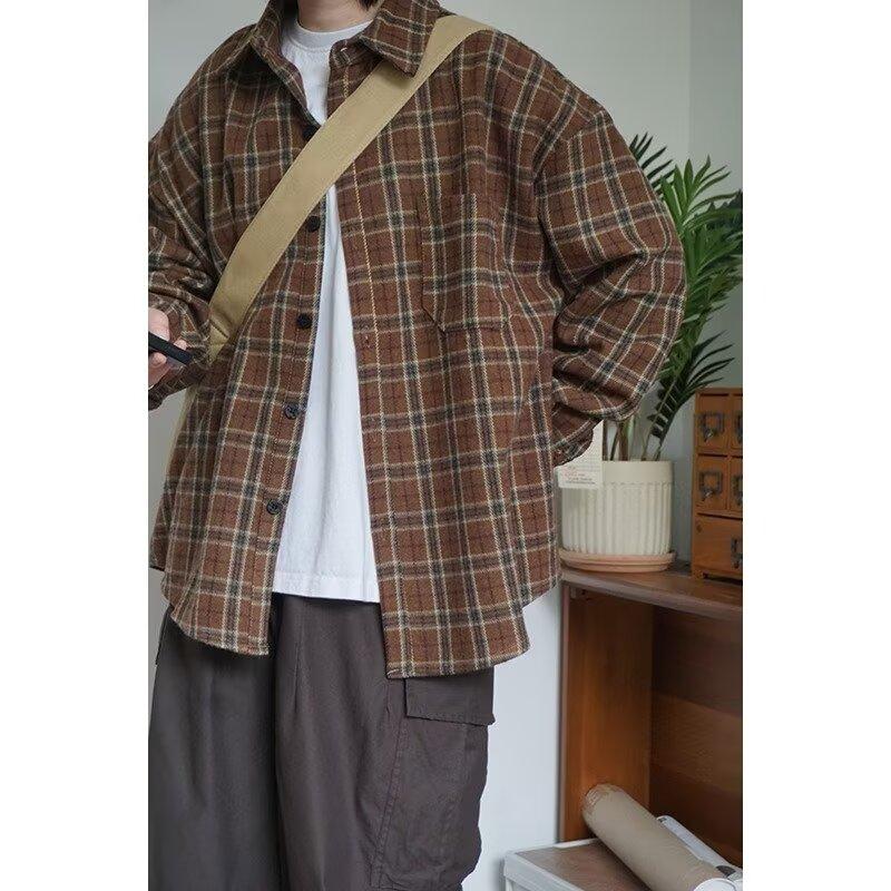 Podzimní a zimní japonský retro overal Kostkovaná košile Muži a ženy Vysokoškolský styl Silný Jednoduchý Neformální košile s dlouhým rukávem Kabát