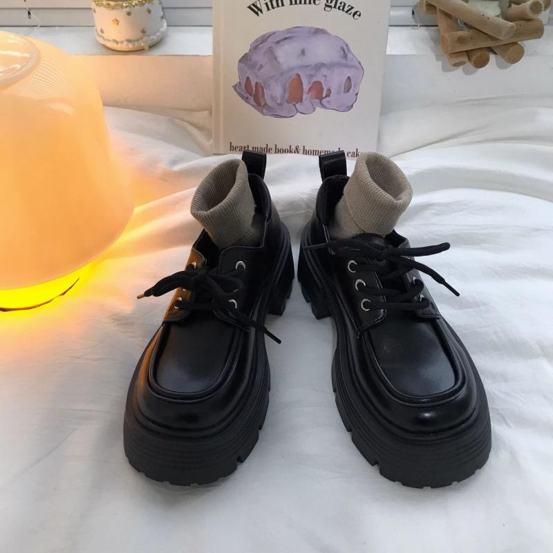 Thick High Heel Lace-up Ins Leather Shoes for Women Spring and Autumn New British Style Black All-Match Heightened Single Layer Shoes Fashion