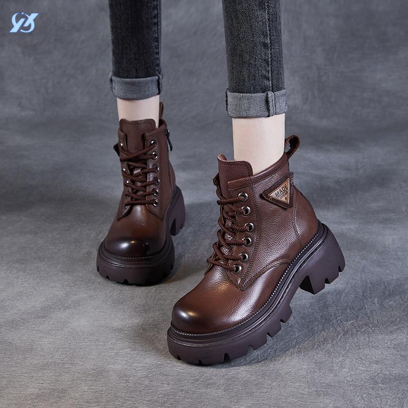 Leather hole platform Martin boots women's autumn new lace-up locomotive boots thick heel heightening British style short boots