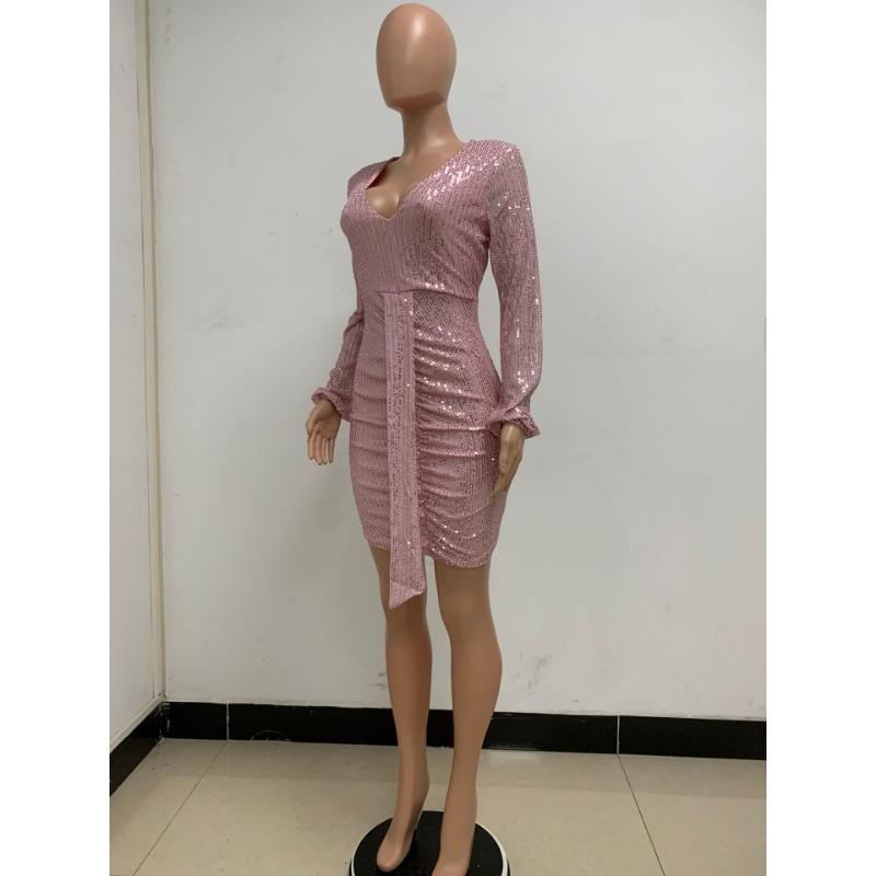 Summer Women's Dress Deep V Pleated Streamer Dress Long Sleeve Sequin Hip Wrap Dress